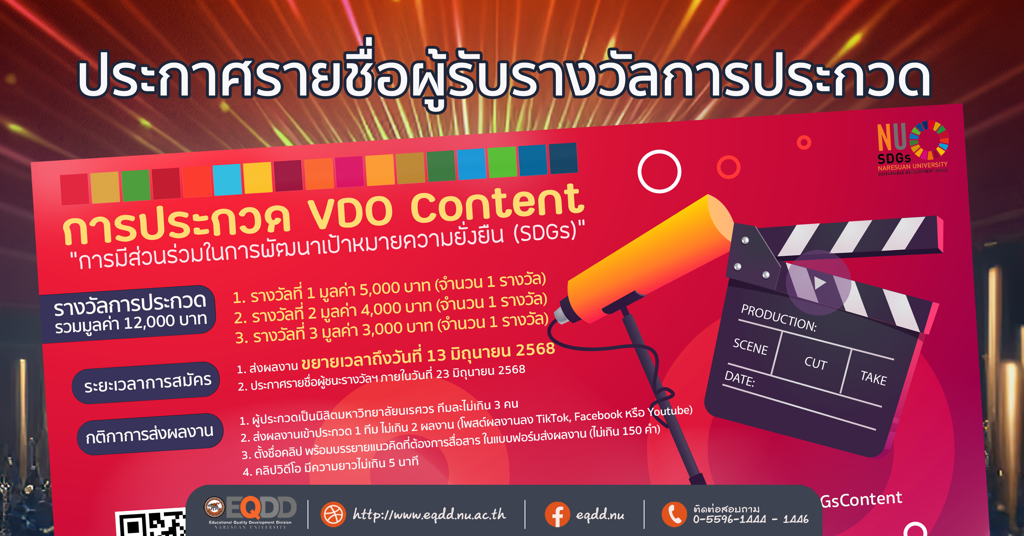 ประกาศรายชื่อผู้ได้รับรางวัลจากการประกวดผลงาน VDO Content ในหัวข้อ “การมีส่วนร่วมในการพัฒนาเป้าหมายความยั่งยืน (SDGs)”
